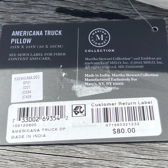 MARTHA STEWART AMERICAN TRUCK DECORATIVE PILLOW embroidered Rectangle new - Picture 3 of 9